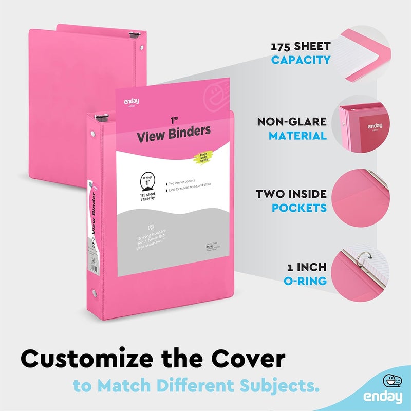 Enday 1 Inch 3 Ring Binder 1” Binder Pink Clear View Cover with 2 Inside Pockets, Colored School Supplies Office and Home Binders – by - Image 4